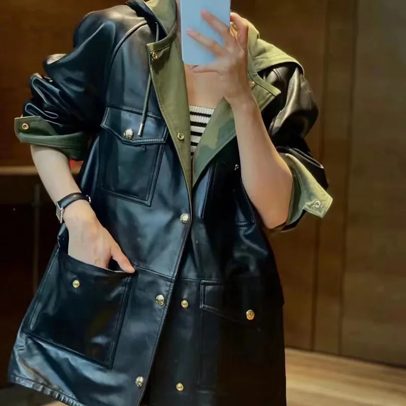 2023 Autumn and Winter New Genuine Sheepskin Leather Jacket Hooded Casual Workwear Reversible Leather Jacket E90