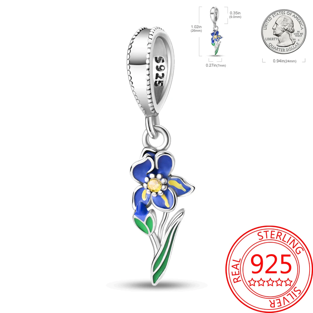 

A Vibrant Plant 925 Sterling Silver Dark Blue Flower Butterfly Orchid Pendant Fit Pandora Bracelet Best Friend Gift Accessories