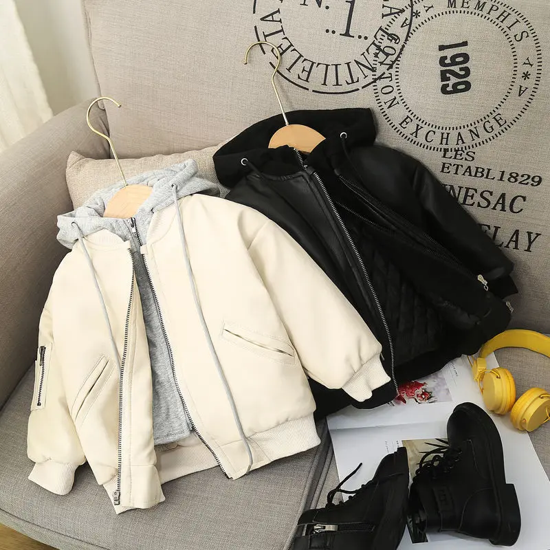 

Children's Cotton-Padded Thick Leather Coat Autumn Winter 2023 New Children's Fake Two-Piece Jacket Baby Fashion Zip Hooded Top