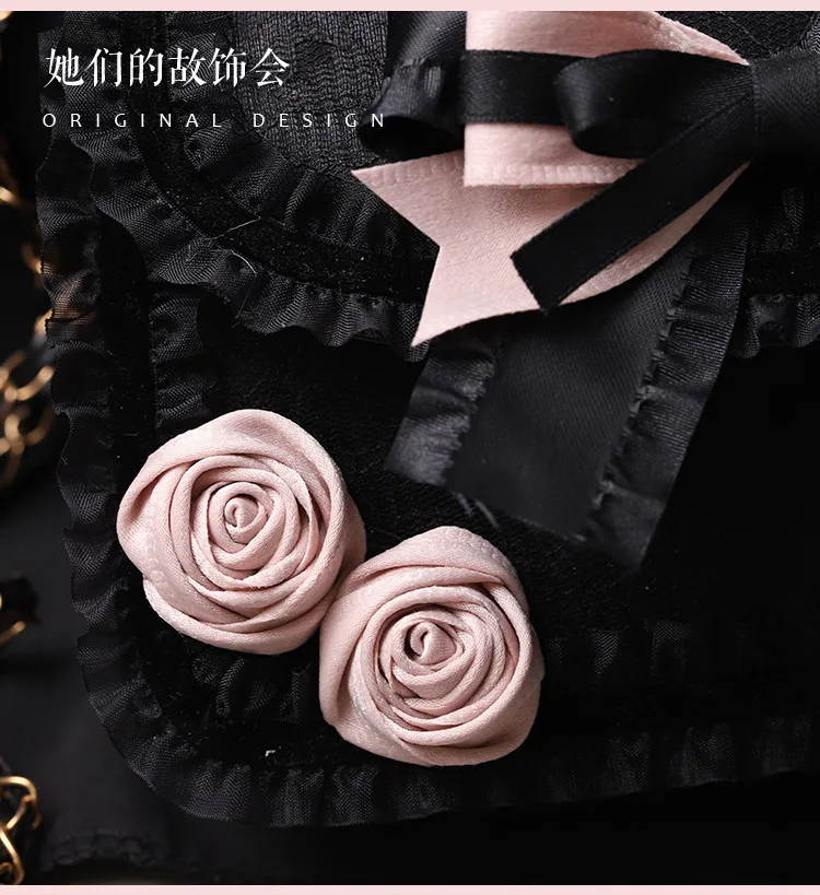 Lolita Messenger Bag Girl Versatile Pearl Chain Bowknot Flower Square Bag JK Black Pink Sweet Cool Lolita Crossbody Bag Female