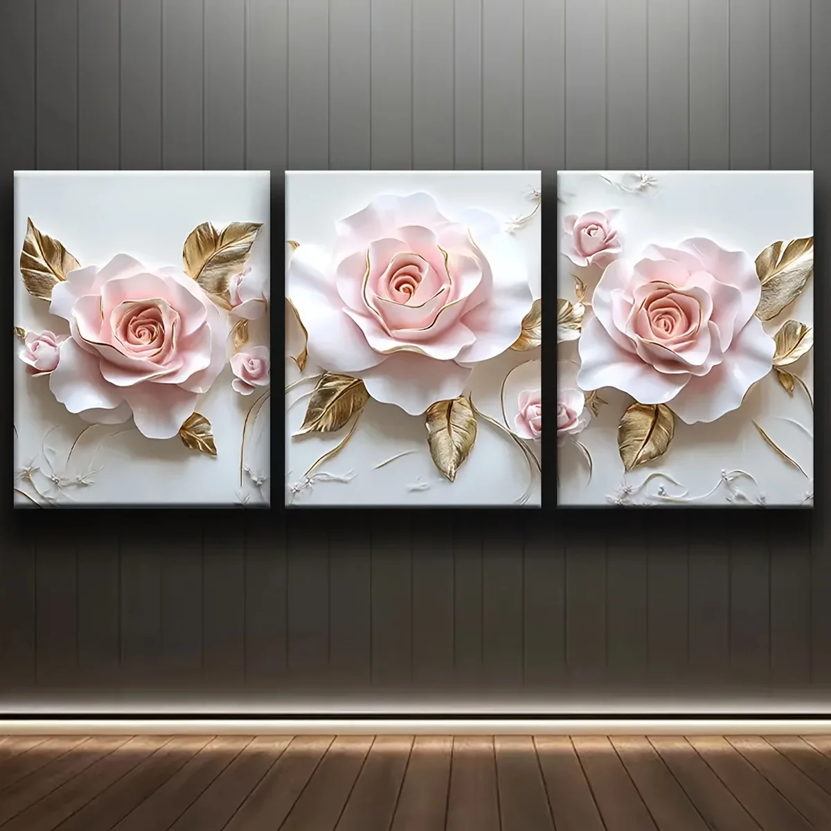 3pcs Pink Rose Canvas Wall Art, 3D Floral Art Panel, Frameless Wall ...