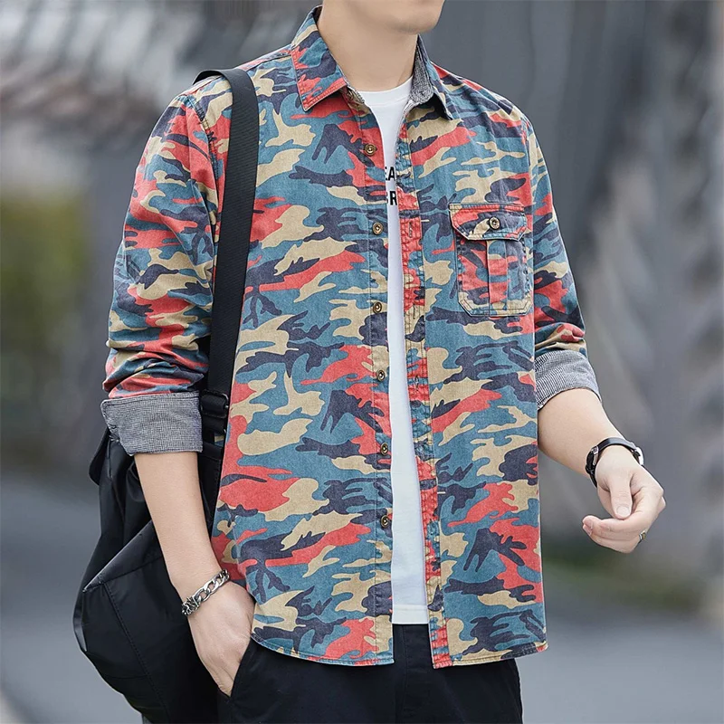 

Spring Autumn Vintage Camouflage Printed Pure Cotton Shirt Men Long Sleeve Loose Casual Cardigan Blouse Male Fashion Buttons Top