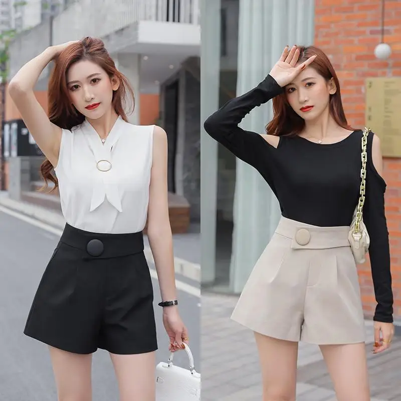Spring Summer New High Waist Button Patchwork Shorts Solid Color Slim Simplicity Wide Leg Pants Office Fashion Women Clothing