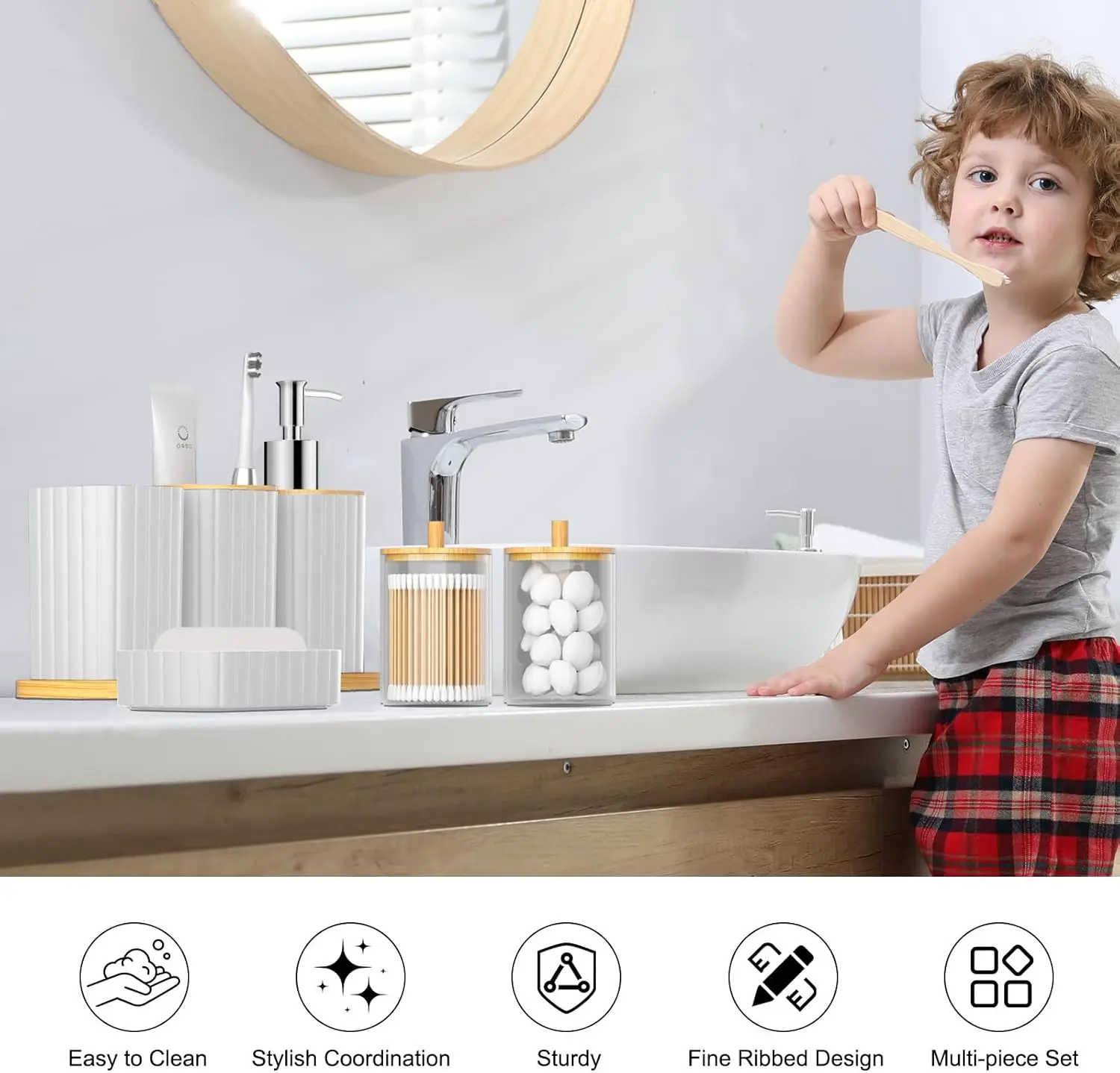 24PCS Bathroom Set. Shower Curtain, Rugs, Trash Can, Brush Holder, Soap Dispenser. Stylish & Functional. White.