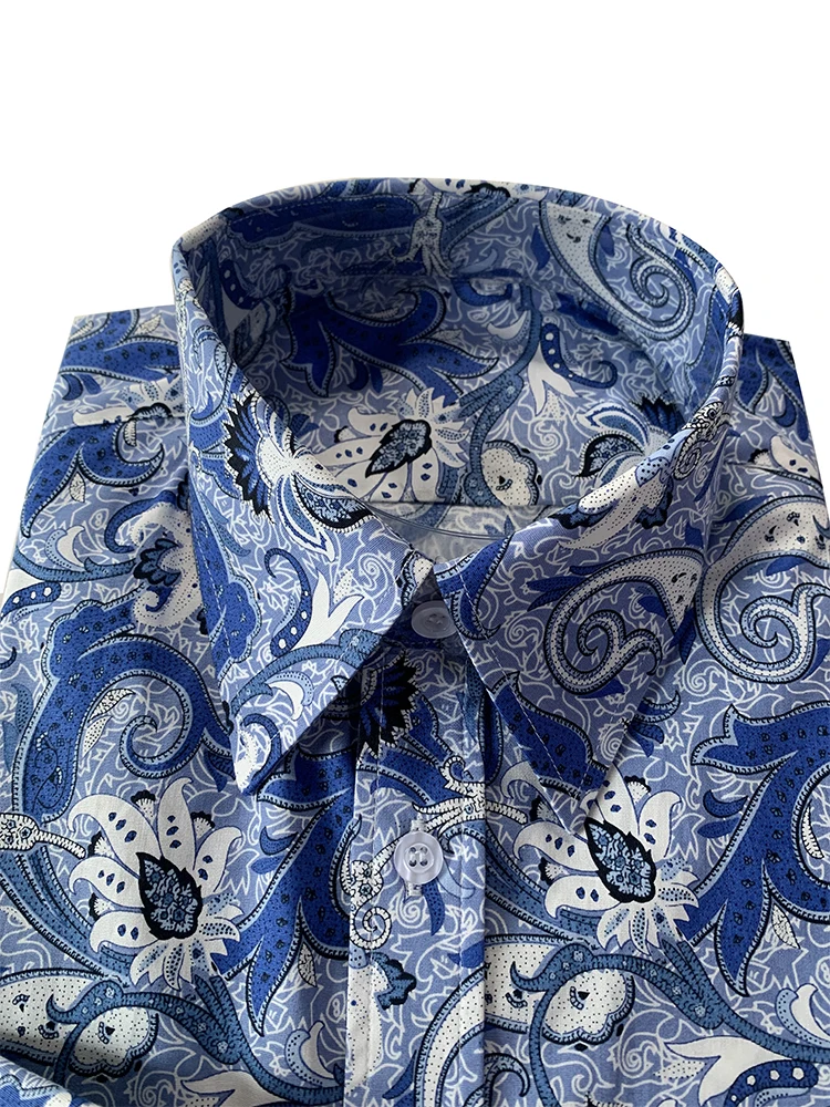 Casual Floral Dress Shirts Custom Made  Long Sleeve Blue White Patterned Dress Shirts, Tailored Flowered Mens Shirts 2020