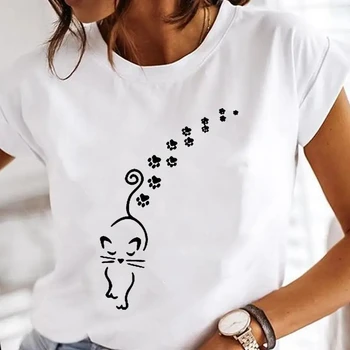 Camiseta estampada de gato preto feminina, algodão branco, manga curta, estampa fofa, extragrande, casual, verão