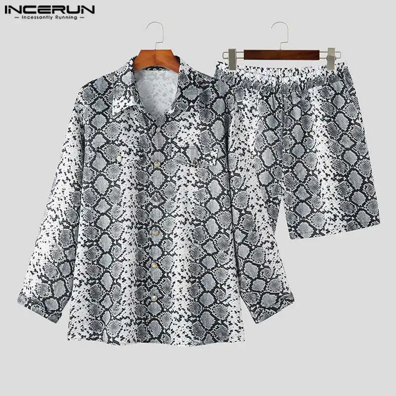 INCERUN 2023 American Style Men's Colorful Print Pattern Sets Personality Long Sleeve Shirts Shorts Leisure Suit 2 Pieces S-5XL
