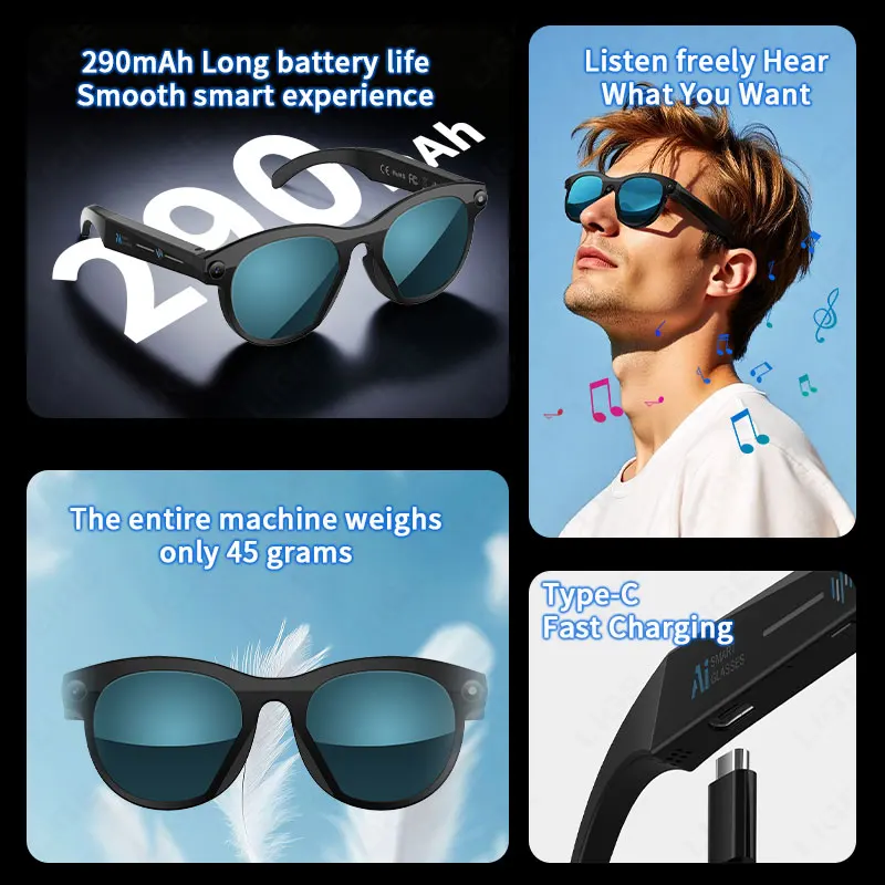 LIGE 2MP HD Camera Smart Glasses 720P Videos Record Sunglasses 290mAh Battery AI Photo Recognition Translation BT Call Glasses