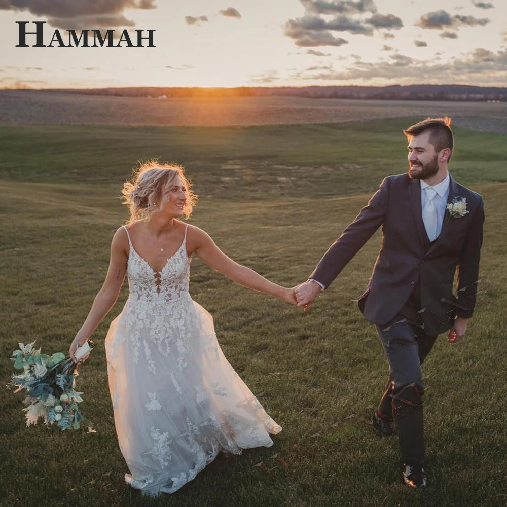 

HAMMAH 2023 Classic Wedding Dresses For Women Aline V-Neck Backless Spaghetti Strap Appliques Sleeveless Robe De Mariée