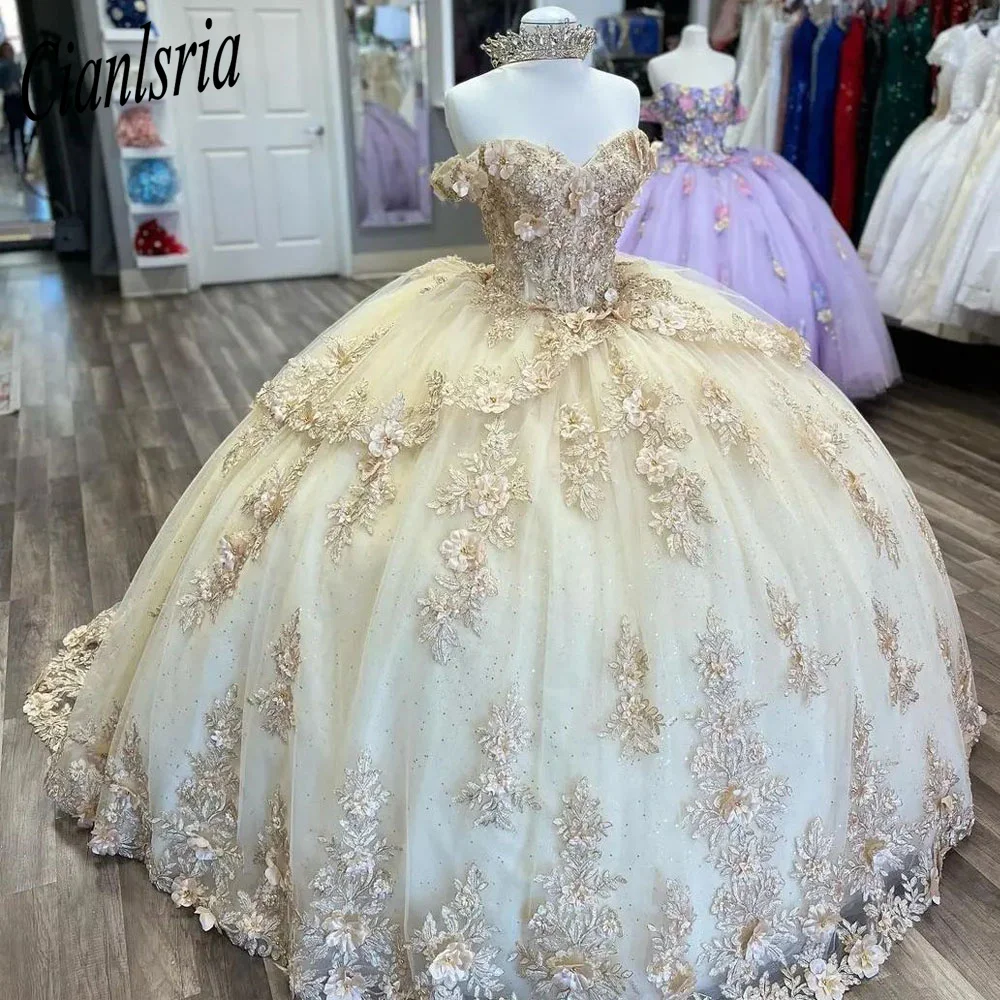 

Champagne 3D Flowers Ruffles Ball Gown Quinceanera Dresses Off The Shoulder Appliques Lace Corset Vestidos De 15