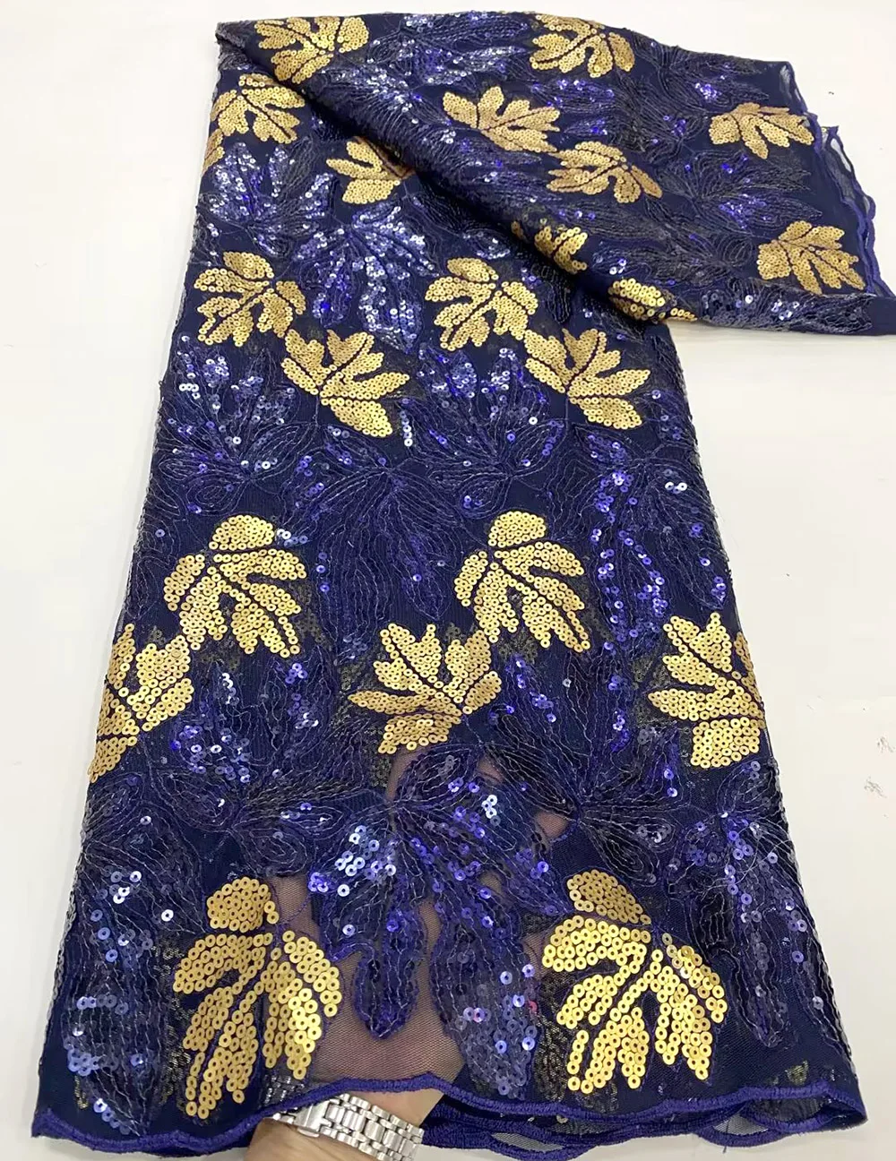 

Navy Blue Gold African Lace Fabric With Sequins Embroidery French Lace Fabric High Quality Nigerian Lace Material For Wedding