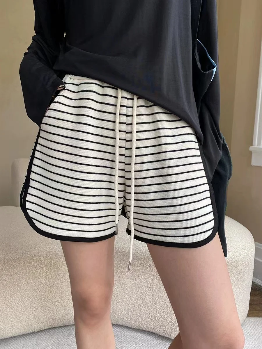 

Lazy Casual Black And White Contrasting Stripes Wide Leg Slimming Drawstring Sports Shorts Summer Fashion Women's Clothing