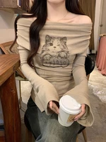 Y2k Cat Long sleeve T-shirt Women Luxury Korean Graphic Off shoulder Top Casual Lady Basic Tees Slim Sexy - Image 4