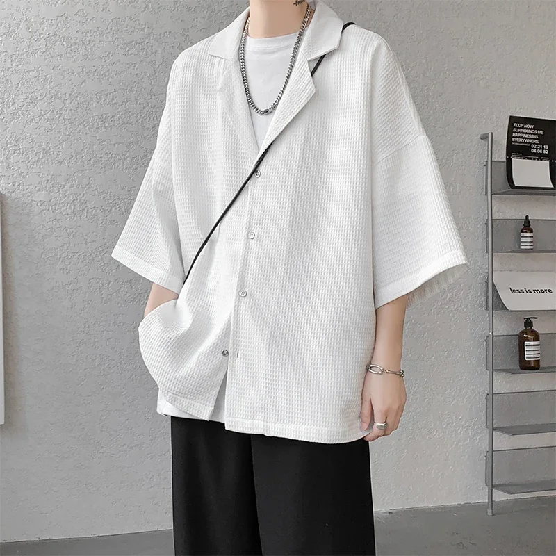 Summer Casual Short Sleeve Shirts Men Solid Loose Turn Down Collar Shirt for Man