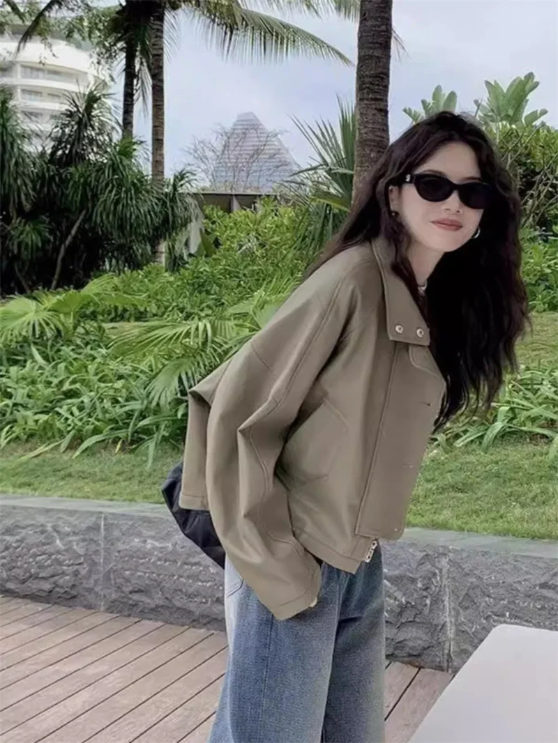 Standing Collar Short Jacket PU Leather Jacket for Women's 2024 Autumn Loose Fitting American Retro High-end Loose Casual Jacket