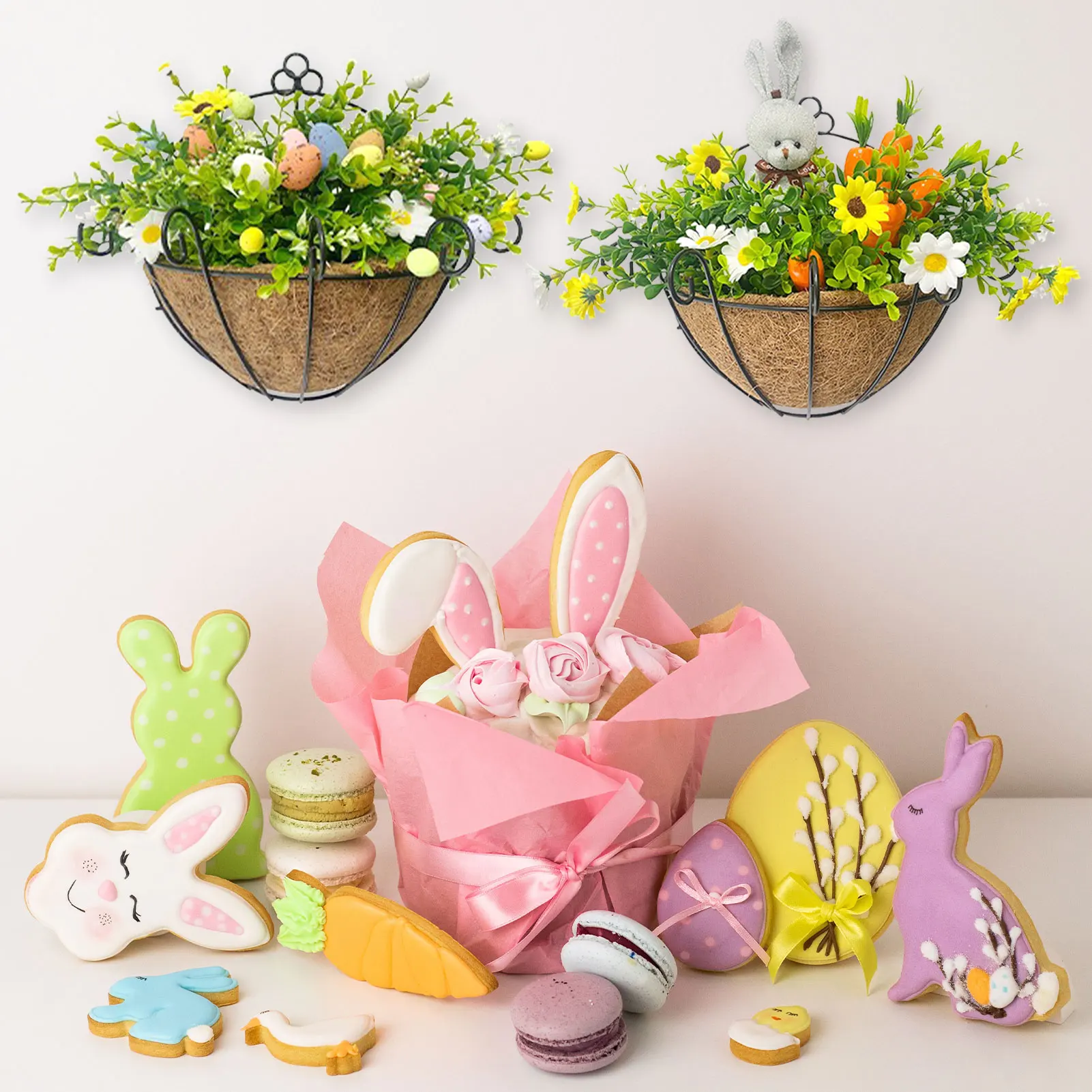 Bunny Easter Colorful Egg Wreath Door Wall Hanging Pendenti Simulato Green Plant Egg Happy Easter Day Party Decor Per La Casa