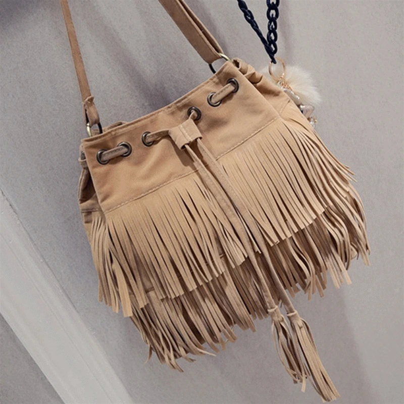

Fashion Retro Faux Suede Fringe Women Messenger Bags Tote New Handbag Tassel Shoulder Handbags Crossbody Bag Tassel Bucket