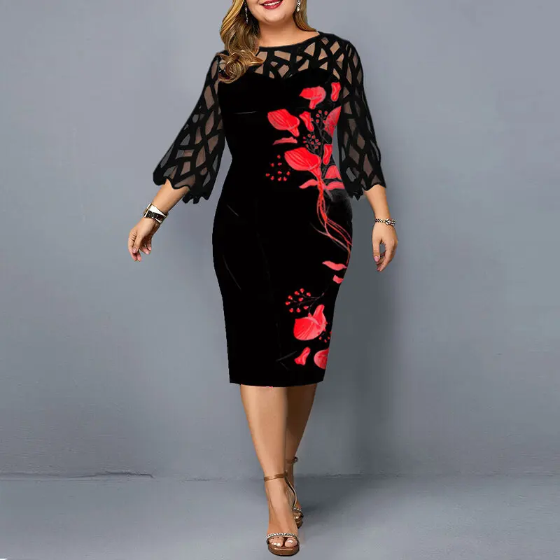 

Oversized Midi Dress Elegant Womens Clothes Office Lady Knee-length Dresses O Neck Three Quarter Print Gauze Bodycon Party Dress