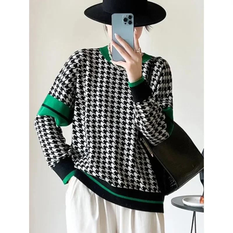 

Fashion Woman Blouse 2023 Winter Clothes Women Sweater O-Neck Vintage Knitwear Ladies Pullovers Lattice Streetwear N148