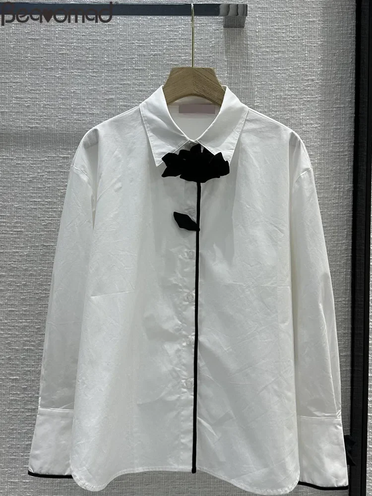 

Fashion Designer Autumn White Color Loose Blouses Women's Solid Color Turn-down Collar Appliques Long Sleeve Shirt