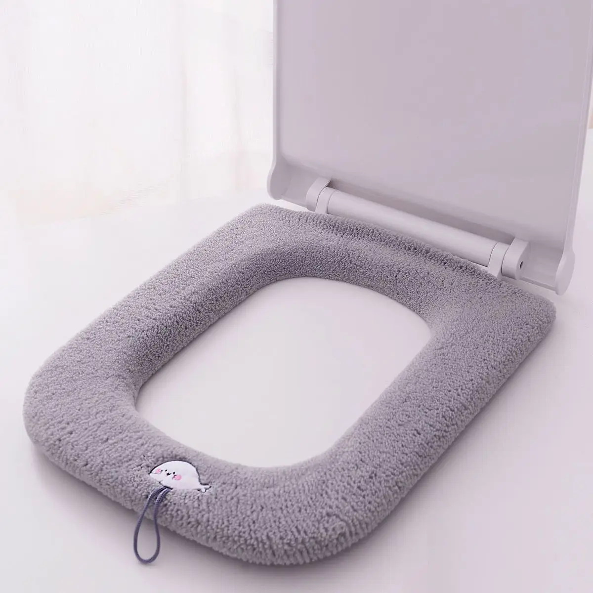 Thickened Plush Toilet Mats With Portable Handle Household Universal Toilet Seat Pads Bathroom Pure Color Square Cushion