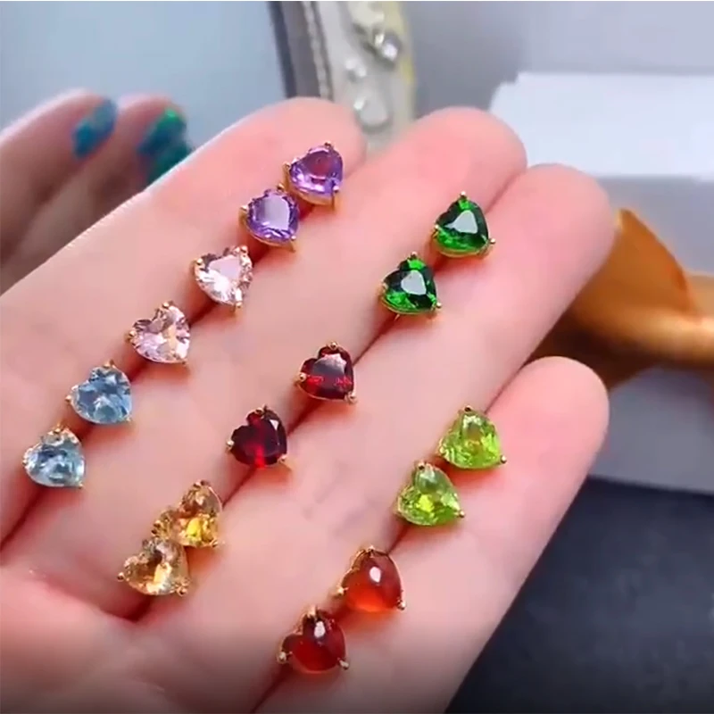 Orecchini A Bottone A Forma Di Cuore In Argento Sterling 925 Per Donna Topazio Granato Peridoto Ametista Morganite Diopside Cromato Con Certificato
