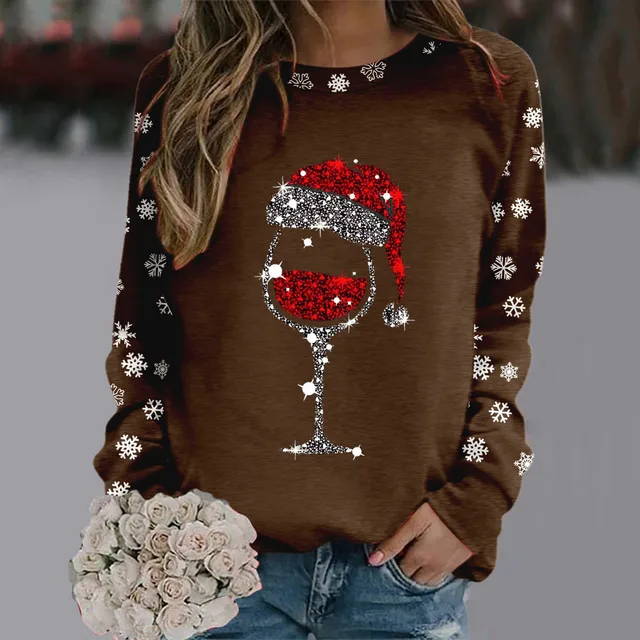 Merry Christmas Glass Snowflake Print Hoodies Round Neck Casual Loose Fit Pullover Tops Women Long Sleeve Autumn Sweatshirt 6