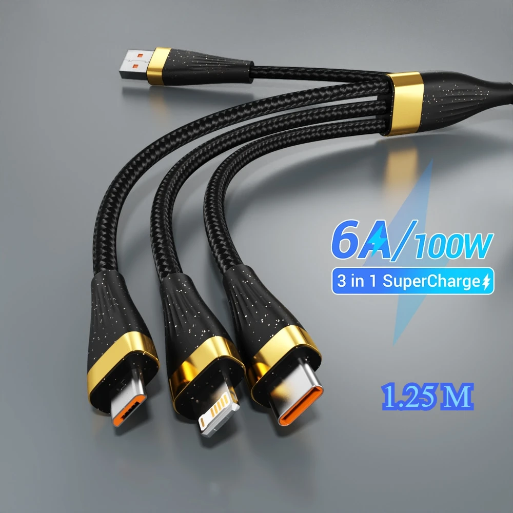 6A 100W USB C Cable 3 in 1 Fast Charging Micro USB Data Cord Phone Charger Quick Charge Cable for IPhone Oneplus Xiaomi Huawei