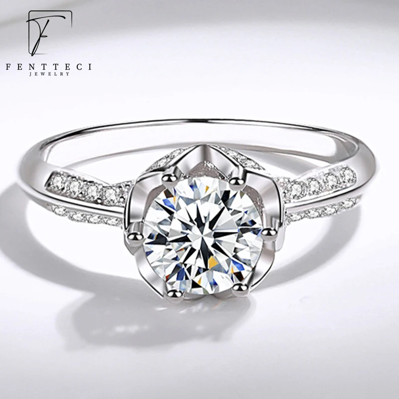 

FENTTECI 1CT Moissanite Diamond GRA Certificate Flower Ring For Women 925 Sterling Silver Platinum Plated Wedding Fine Jewelry