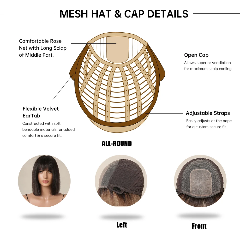 Black Bob Straight 100% Real Remy Human Hairs Wig for Women Natural Daily Short Wigs with Bangs Heat Resistant Dark Human Hair