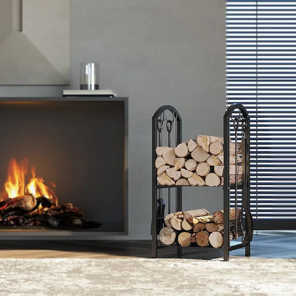 Superior Wood Storage Stacking Rack Black Wrought Iron Firewood Storage Rack Heavy Duty Iron Log Holder Fireplace Tools Set