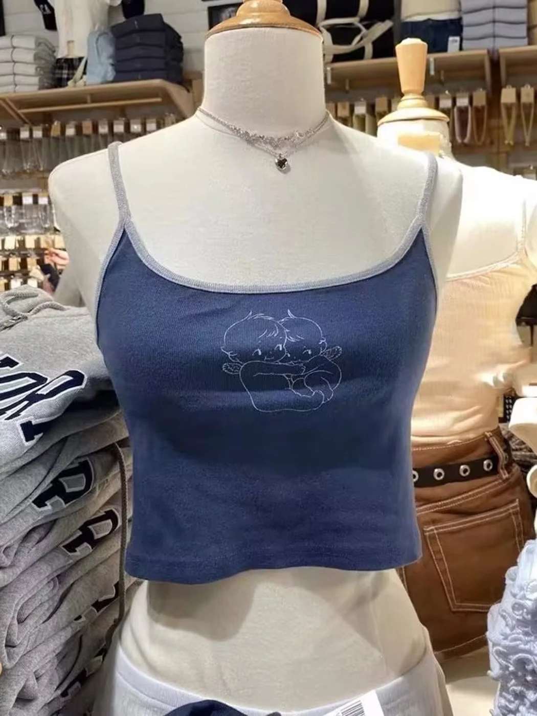 

Женский укороченный топ без рукавов, винтажный Топ составного кроя из мягкого хлопка с принтом ангела Y2k, облегающий топ в уличном стиле, лето 2022