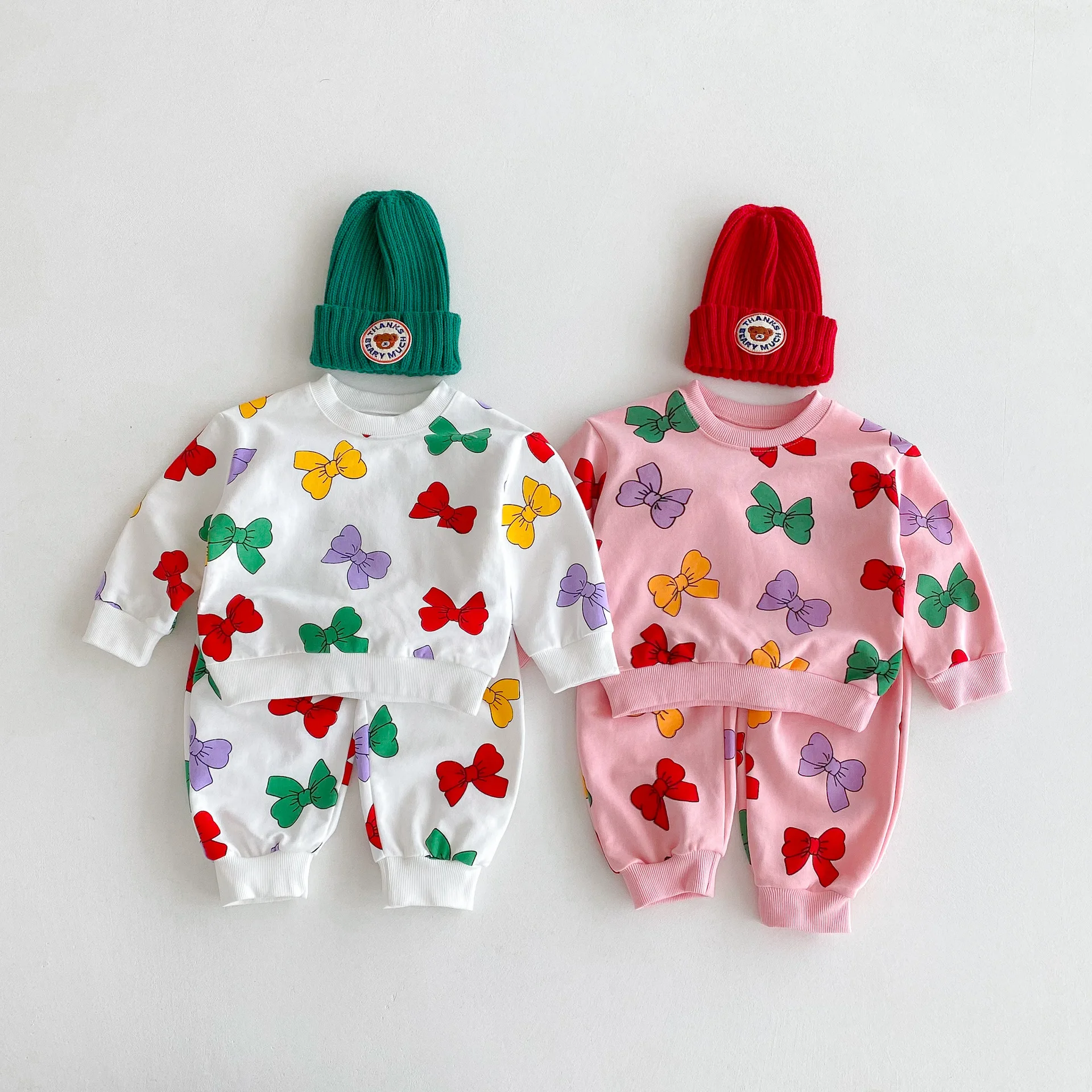 Cotton Kids Hoodie Set Colorful Bow Print Girls Clothing