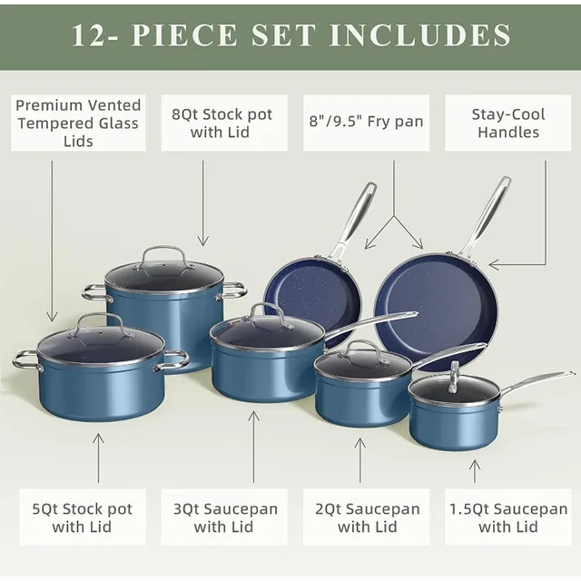 Goodful Premium Nonstick Pots and Pans Set, Diamond Reinforced Non-Stick  Coating, Without PFOA, Dishwasher Safe, 12-Piece, Cream - AliExpress
