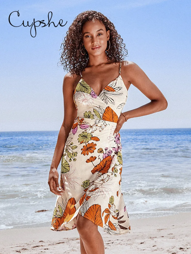 Cupshe Floral Wrap Belt Midi Dress For Woman Sexy Split Spaghetti