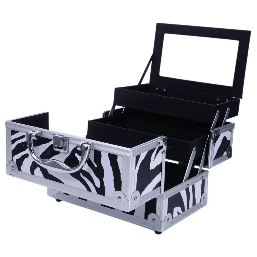 SM-2176  Zebra Aluminum Makeup Train Case Jewelry Box Cosmetic Organizer with Mirror - 9x6x6 6
