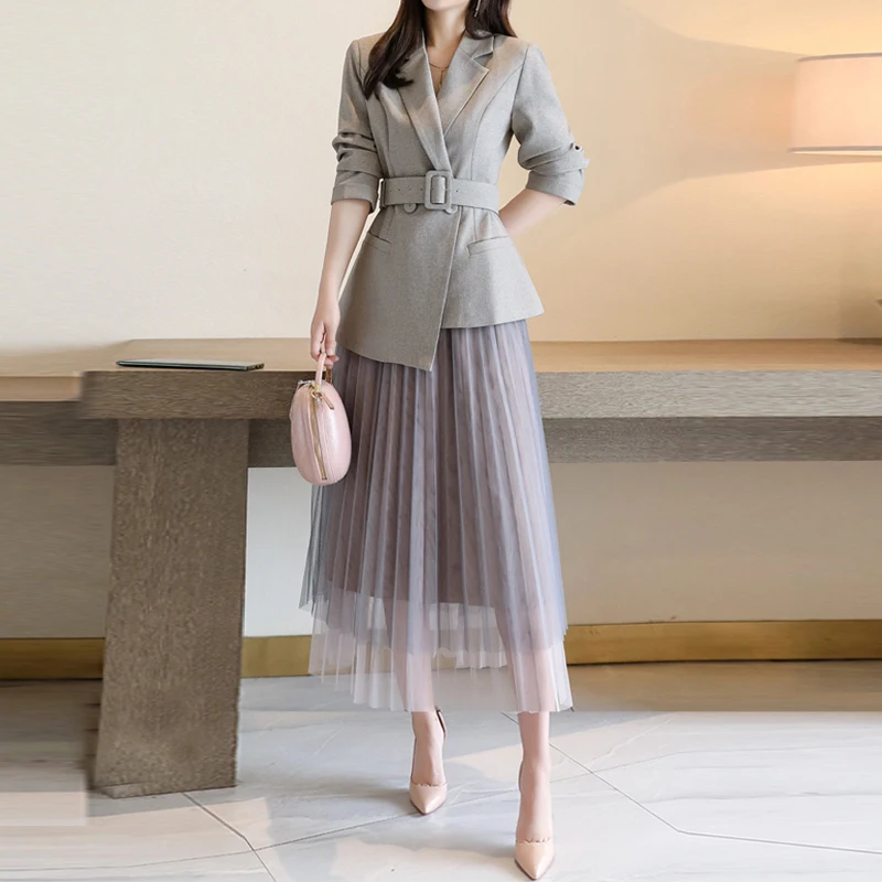 

Elegant Lady Spring Autumn Fashion Designers Women Notched Lace Up Blazer Suit Mesh Pleated Skirt Set Office Party Outfits