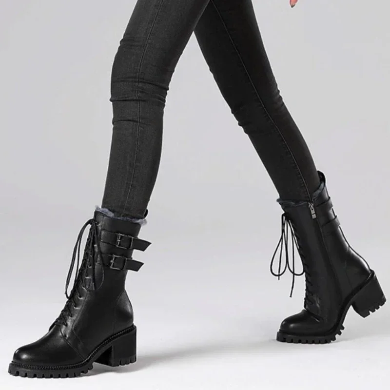 

Женские ботинки на молнии со шнуровкой, теплые однотонные ботинки до середины икры с круглым носком и плюшевой подкладкой, зимняя обувь, 2023