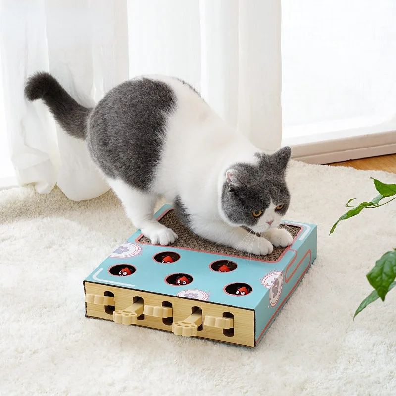 

Funny Wooden Cat Toy Chase Hunt Mouse Cat Game Box 3 In 1 with Scratcher Gatos Stick Hit Gophers 2023 Interactive Maze Tease Toy