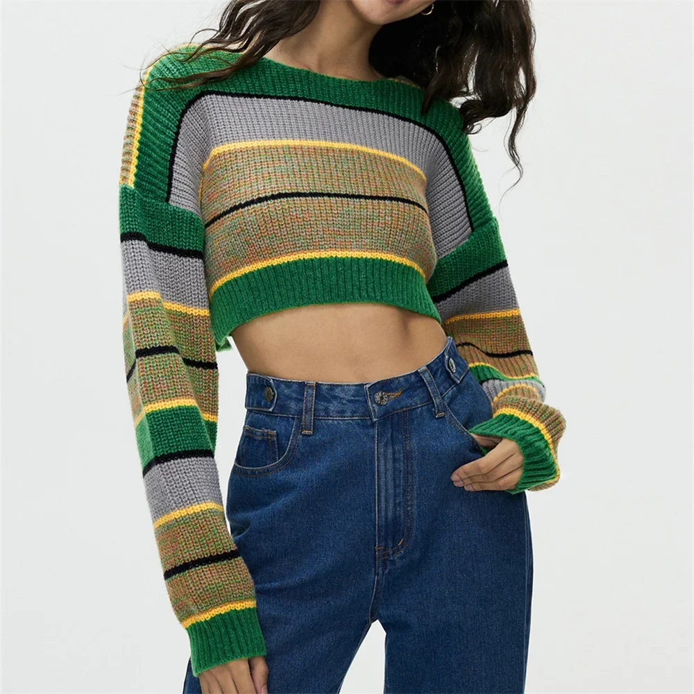 

Vintage Striped Knitted Sweater Cropped Pullovers Long Sleeve Top Korean Fashion Women Trend Design Y2K Knitwears Jerseys Jumper