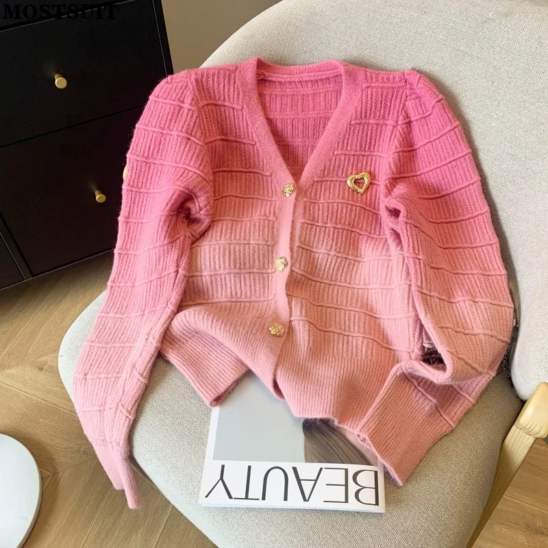 

Gradient Color Knitted Cardigan Sweater For Women Stylish Fashion Elegant Ladies Tops 2024 Autumn Long Sleeve V-neck Jumpers