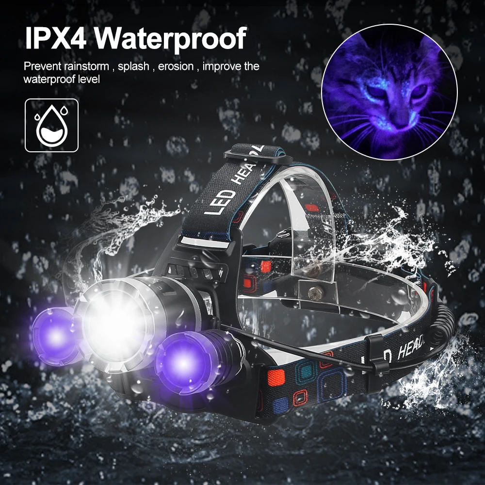 3LED Headlamp UV 395nm Torch Pet Stains Checker Outdoor Headlight Waterproof USB Head Lamp Green/Red Hunting Lantern 3000LM head flashlight,cob headlamp,bike headlight