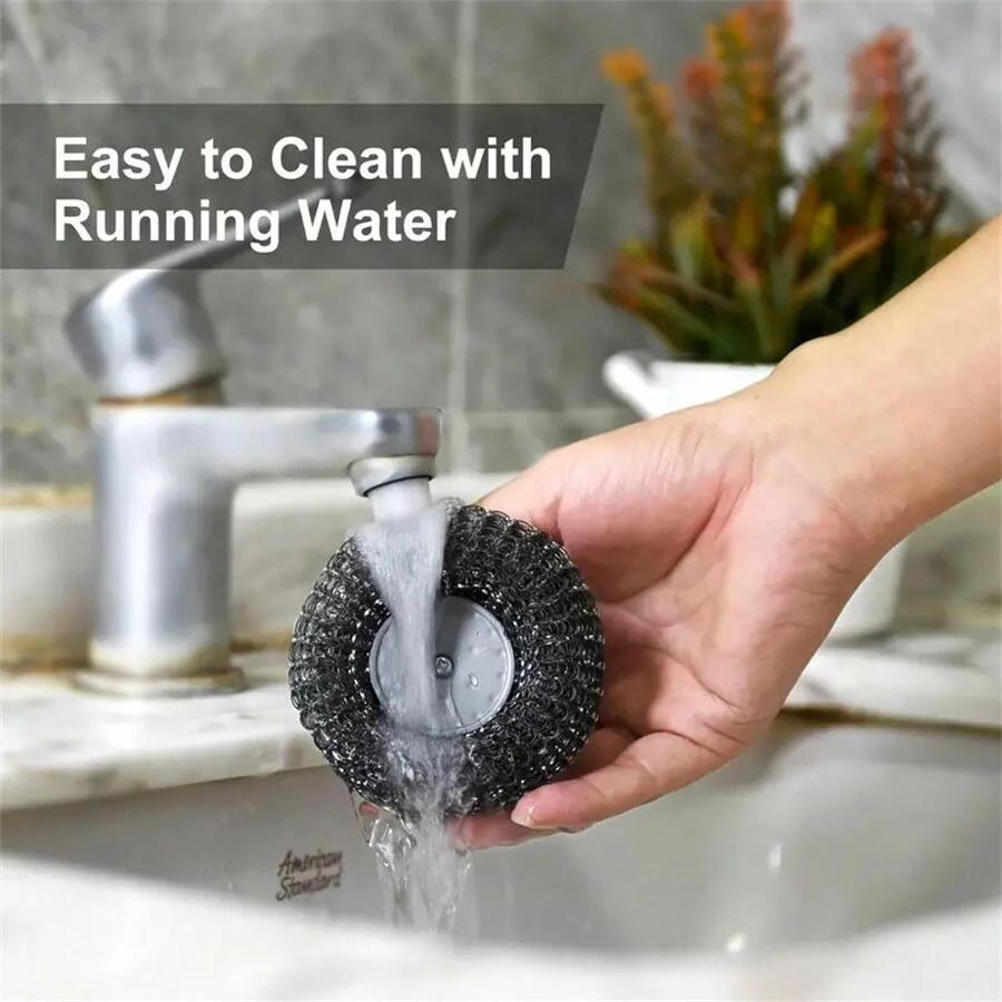 Stainless Steel Scourers Plastic Handle Steel Wool Scrubber Pad Kitchen Bathroom Cleaning Brush Dishes Pots Pans 1Pc