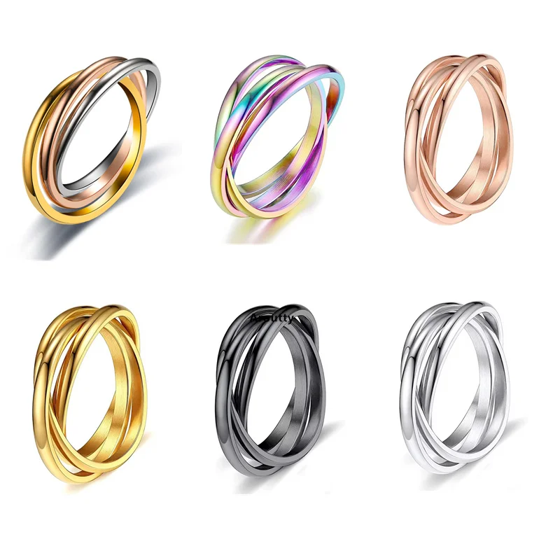 

6 Color 3 In 1 Triple Interlocked Rolling Stainless Steel Rotatable Anti Anxiety Couple Rings Wedding Band Anillos for Men Women