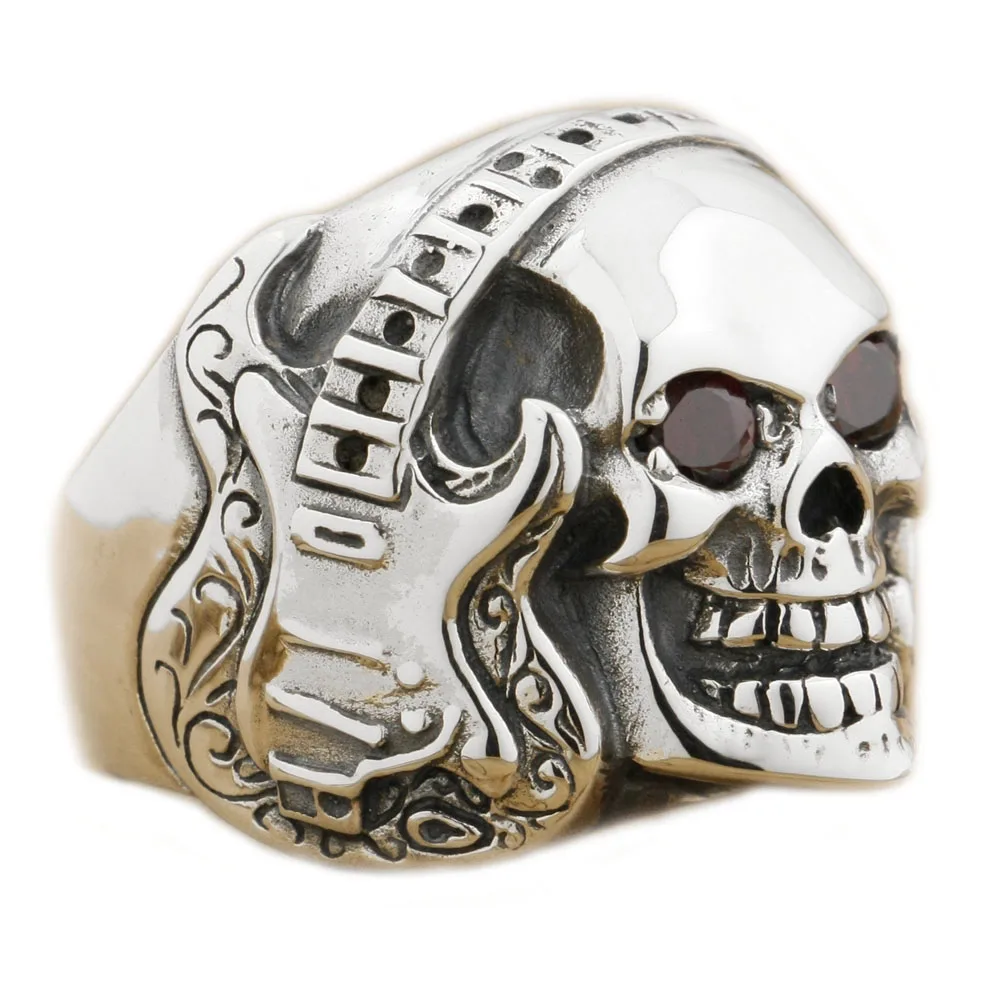 

Red CZ Eyes 925 Sterling Silver Guitar Music Skull Ring 8V013 US Size 7 to 15