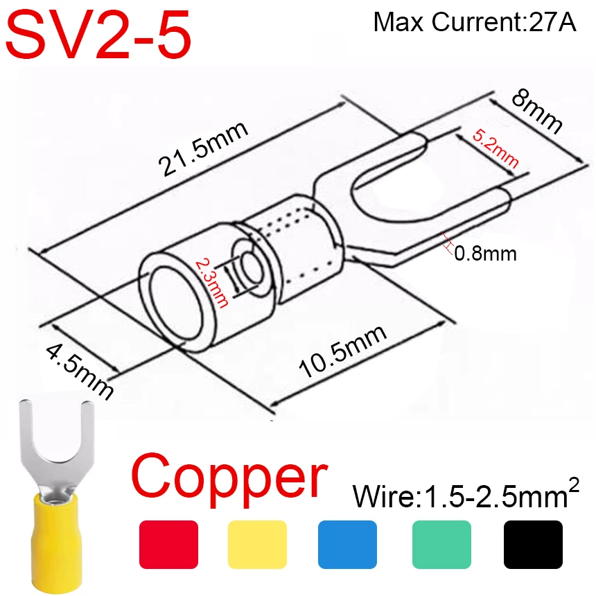 thumbnail image 1 of SV1.25/2/3.5/5.5/8-3/3.7/4/5/6/8 SV1.25/2/5 Cable de alambre Furcate de horquilla de cobre conector eléctrico Terminal de engarzado aislado de pala, 1 of 5