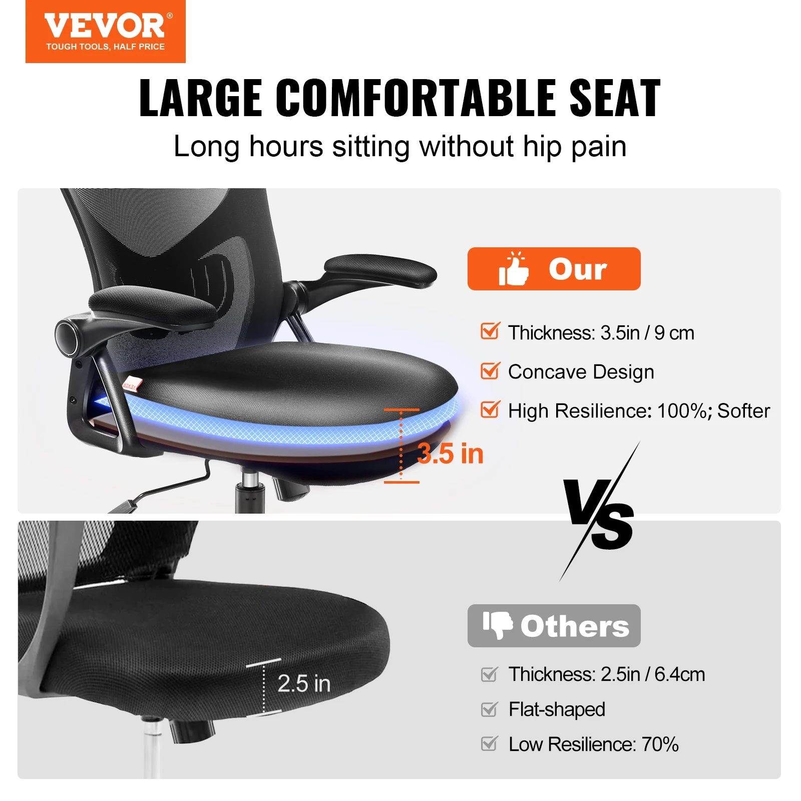 VEVOR Ergonomic Office Chair with Slide Seat/ Mesh Seat/ Adjustable Lumbar Support Angle and Height Adjustable Home Office Chair 2