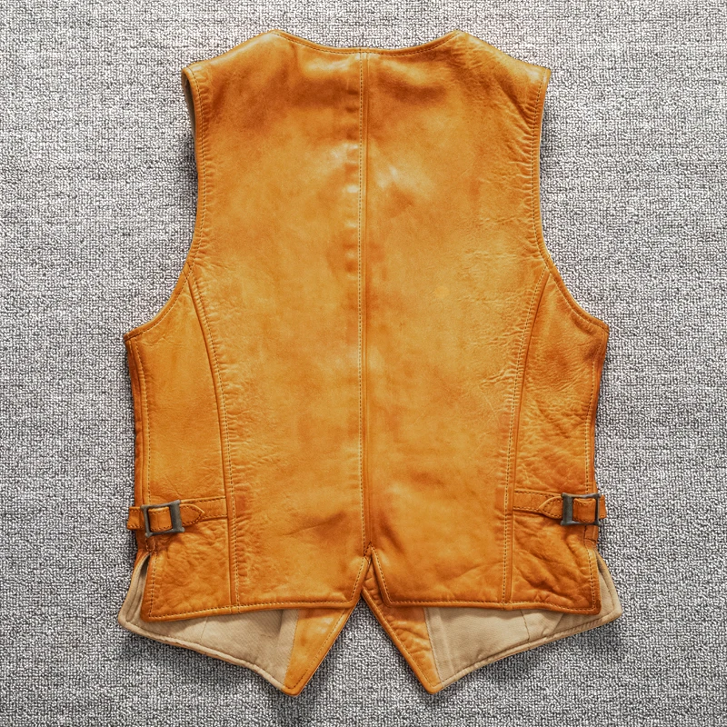 Yellow Spring Leather Vest Men Single Breasted Casual Style Plus Size 5XL Genuine Natural Sheepskin Slim Fit Short Vest 5
