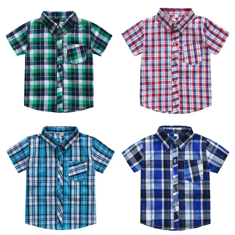 Summer Toddler Boys Shirts Kids Fashion Short Sleeve Shirts Cotton Plaid Print T-shirts Children Clothes Casual Tops