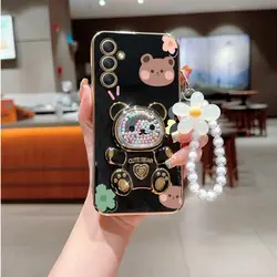 Floral Lanyard with Cute Bear Phone Holder and Stand Cover - Samsung A34 5G (Black)